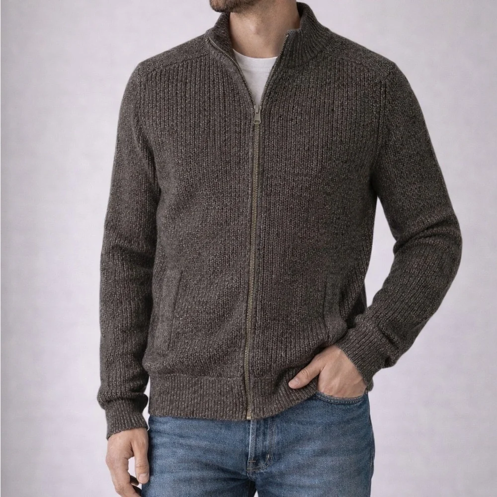 Eddie Bauer Olive Full Zip Chunky Cardigan Cable Knit Ribbed Trim Mens Small
